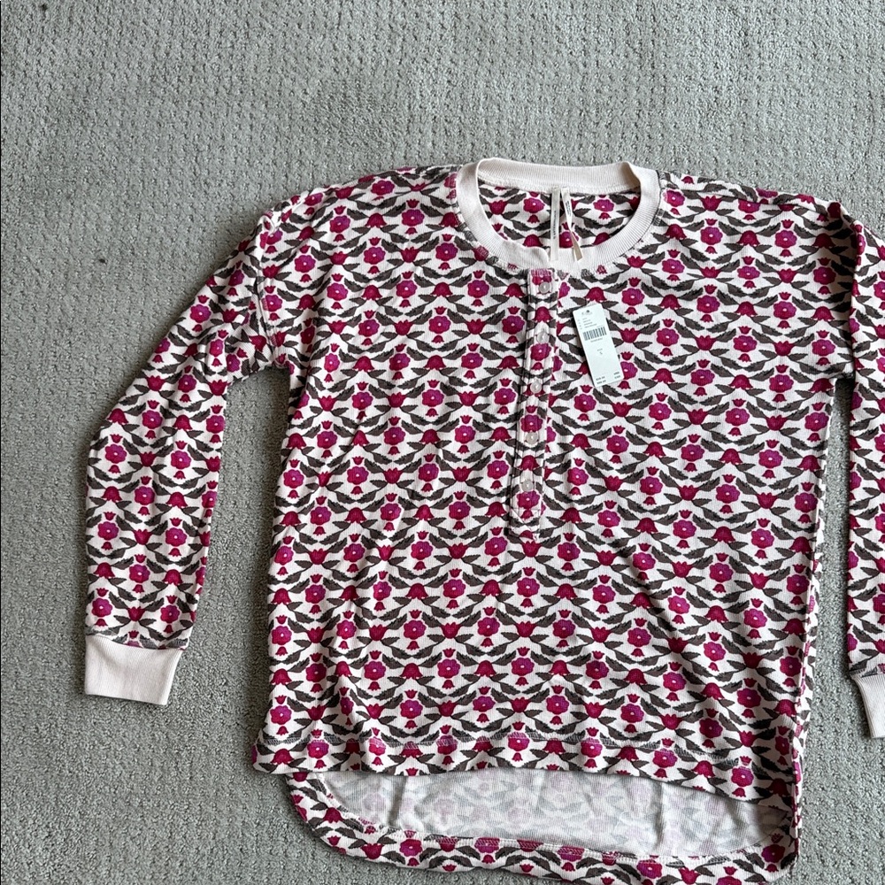 Anthropologie Floral Henley Pajama Top - Pink and Cream